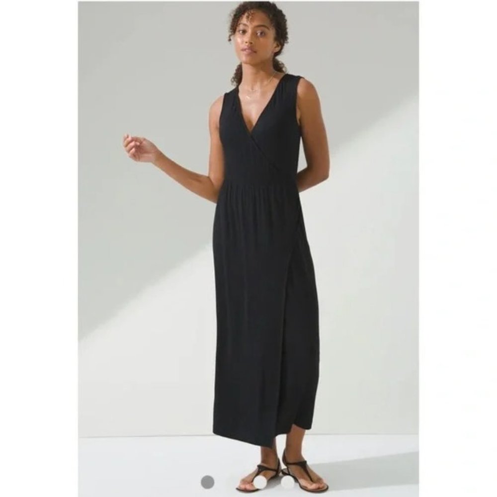 Soma WKND Solid Black Faux Wrap Maxi Softlite Pockets V Neck Dress Sz M